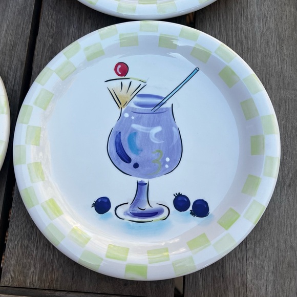 Stonelite Ceramic Plate Set of Four Cocktail Drinks and Checkerboard Print 9" - Picture 3 of 9